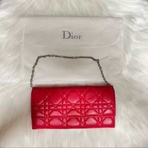 Authentic CHRISTIAN DIOR Calfskin Lady Dior Wallet On Chain Red